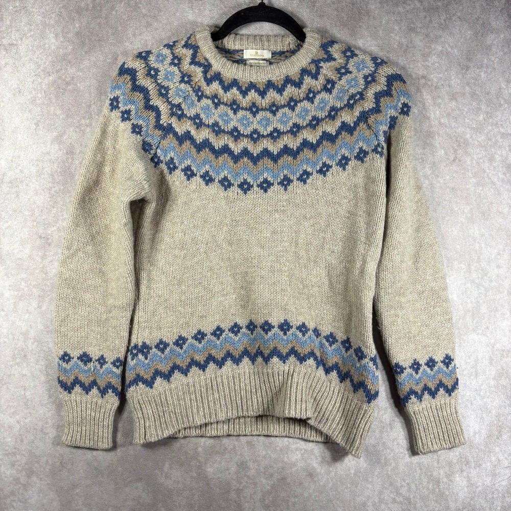 Munrospun Sweater Womens Medium Beige Pure Lambswool Knit Fair Isle Pullover